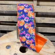 4” x  10yd Pumpkins and Flowers on Blue w/ Satin Orange BackingWired Ribbon - 9767W-750-100E