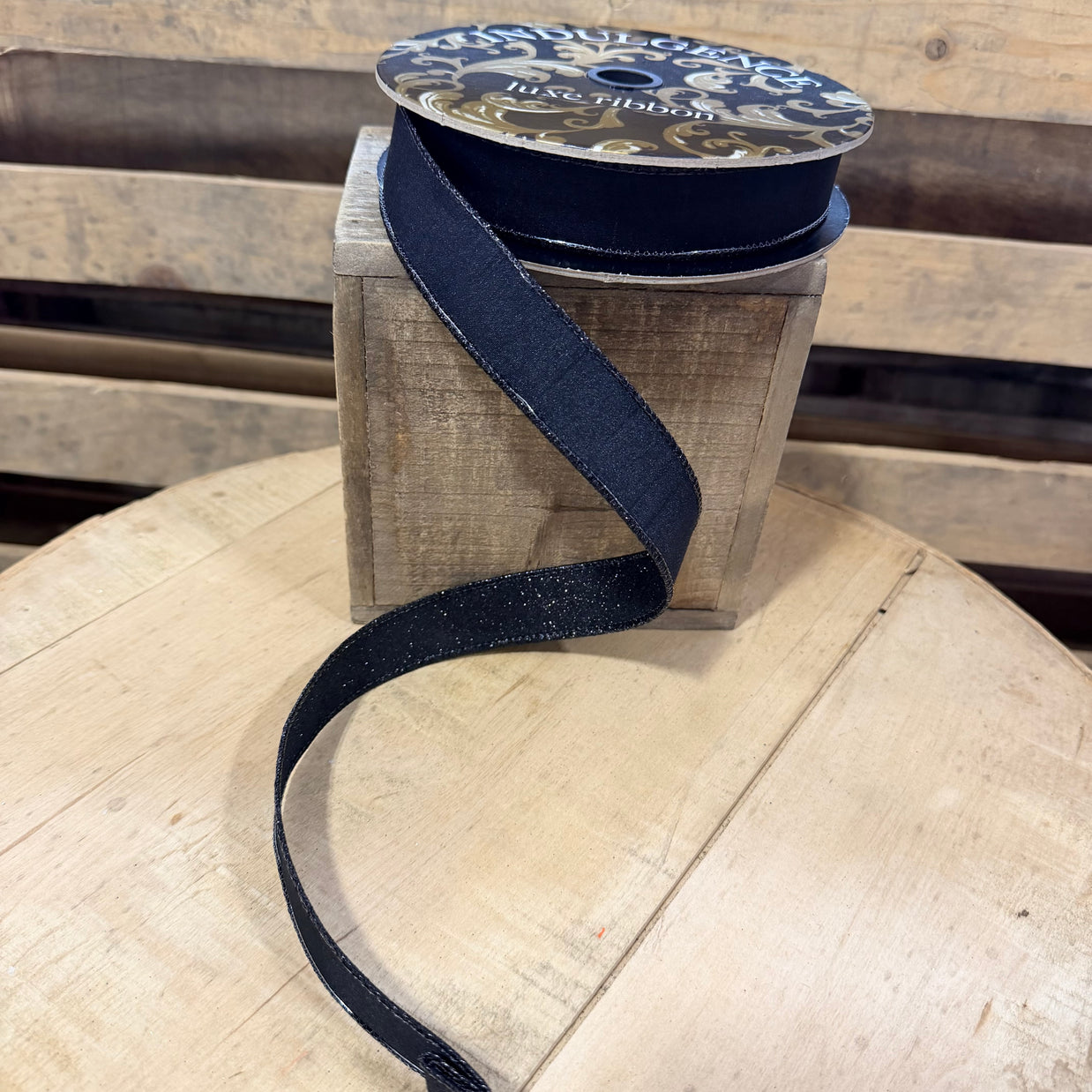 1"X10YD Black Dupioni double sided glitter backed designer wired ribbon -   D62602-10-20