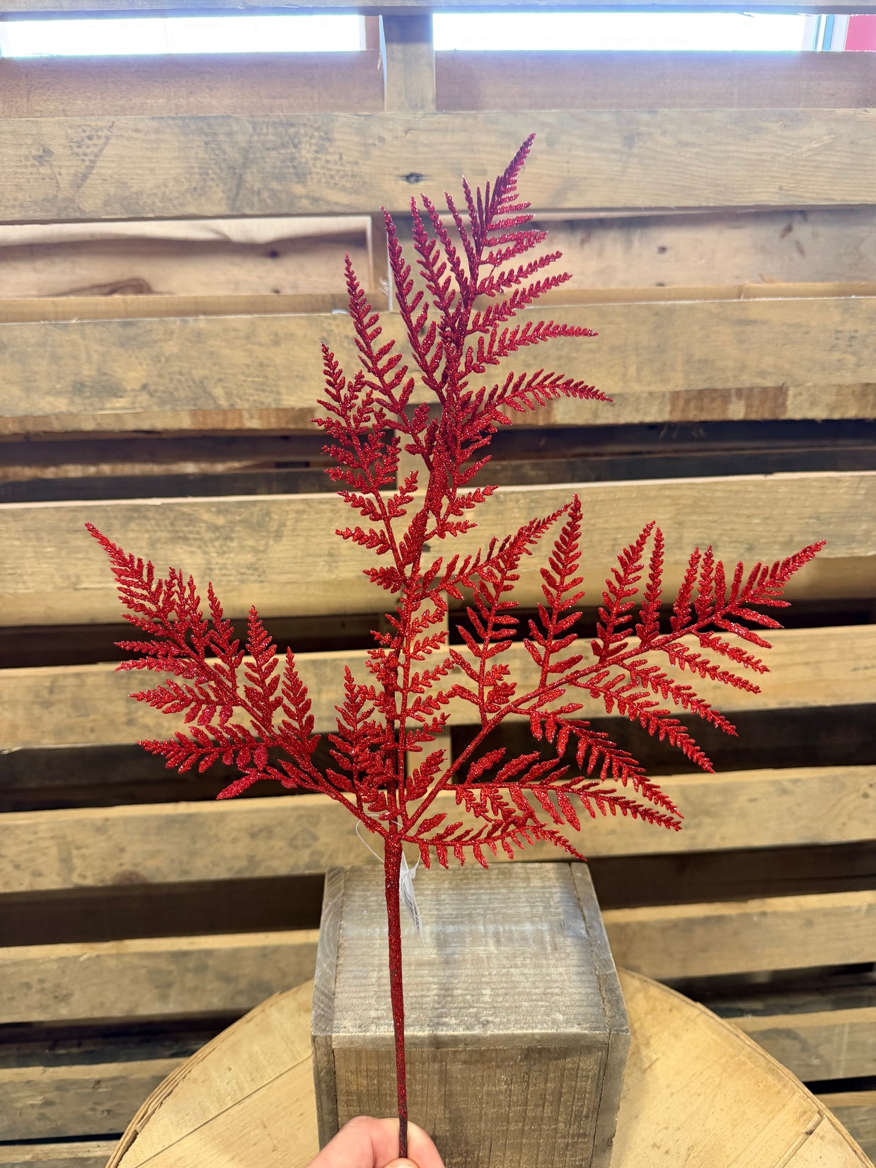 18.5" Inch Red glitter fern  spray  - XS244224