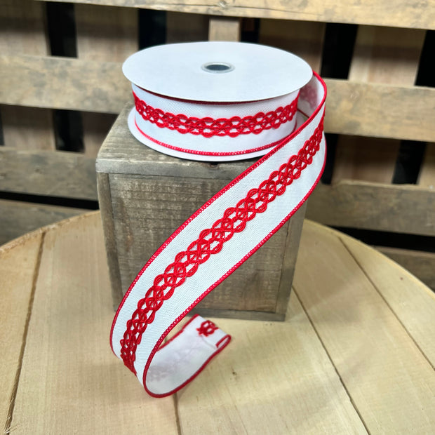 1.5" x 10Y white and red lace  Wired Ribbon - RGC810867