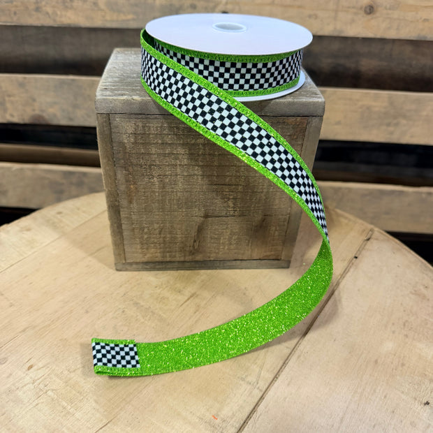 1" x 10Y Lime Green glitter backed checkered Wired Ribbon - D56614-10-09