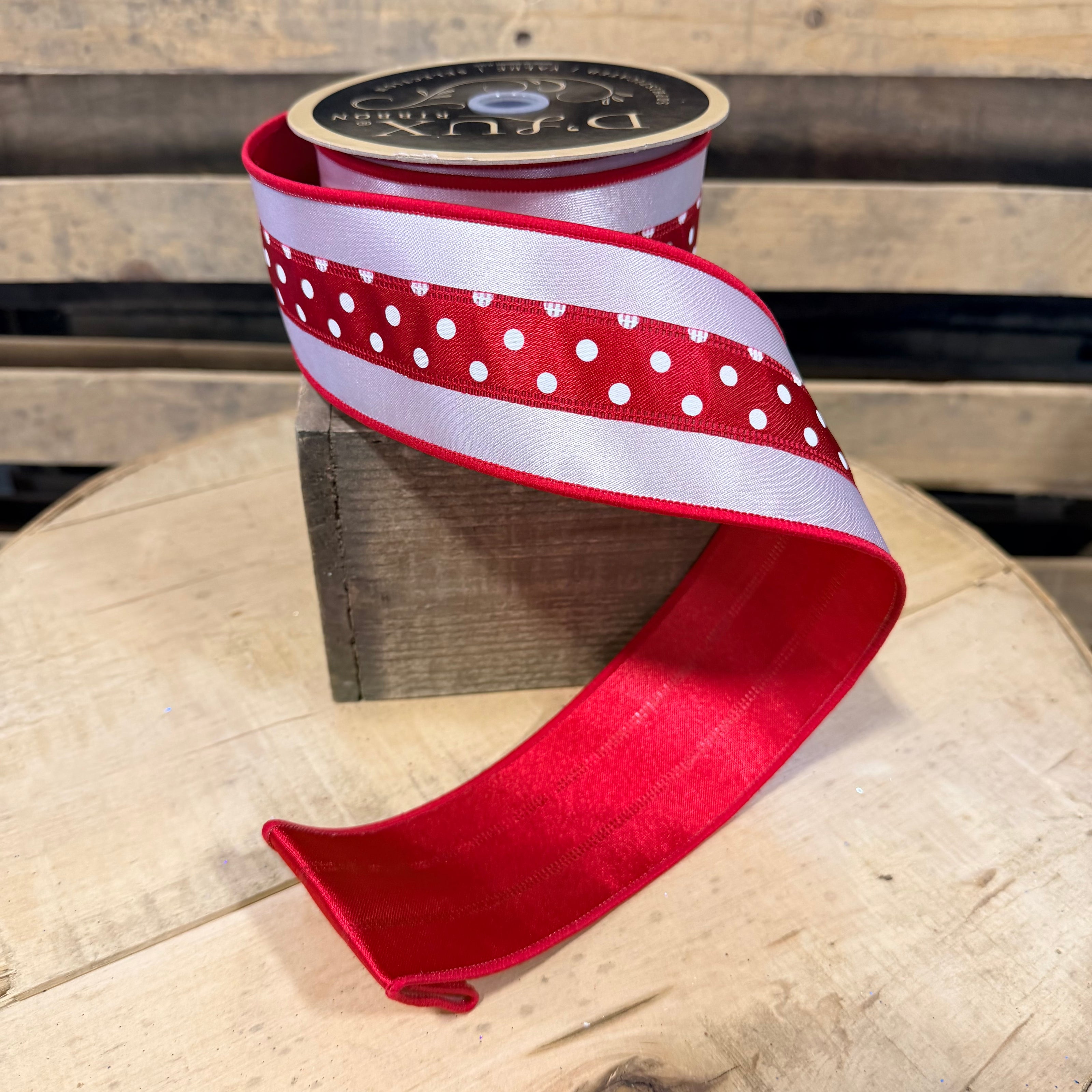 2.5” x 10yd Red and white dot d’lux ribbon - LX3077W7