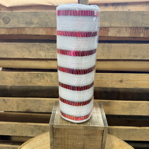 10"X10YD White and red tinsel foil  stripe mesh - RY8514A2