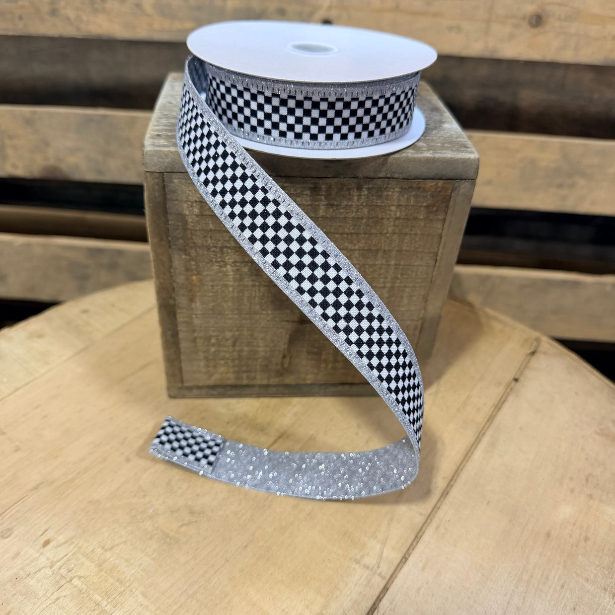 1" x 10Y Silver glitter backed checkered Wired Ribbon - D56614-10-16