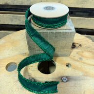 1” x 10yd Dupioni Ribbon | Dark Green w/ Dark Green Tinsel Edging Wired Ribbon - 9121W-587-25E