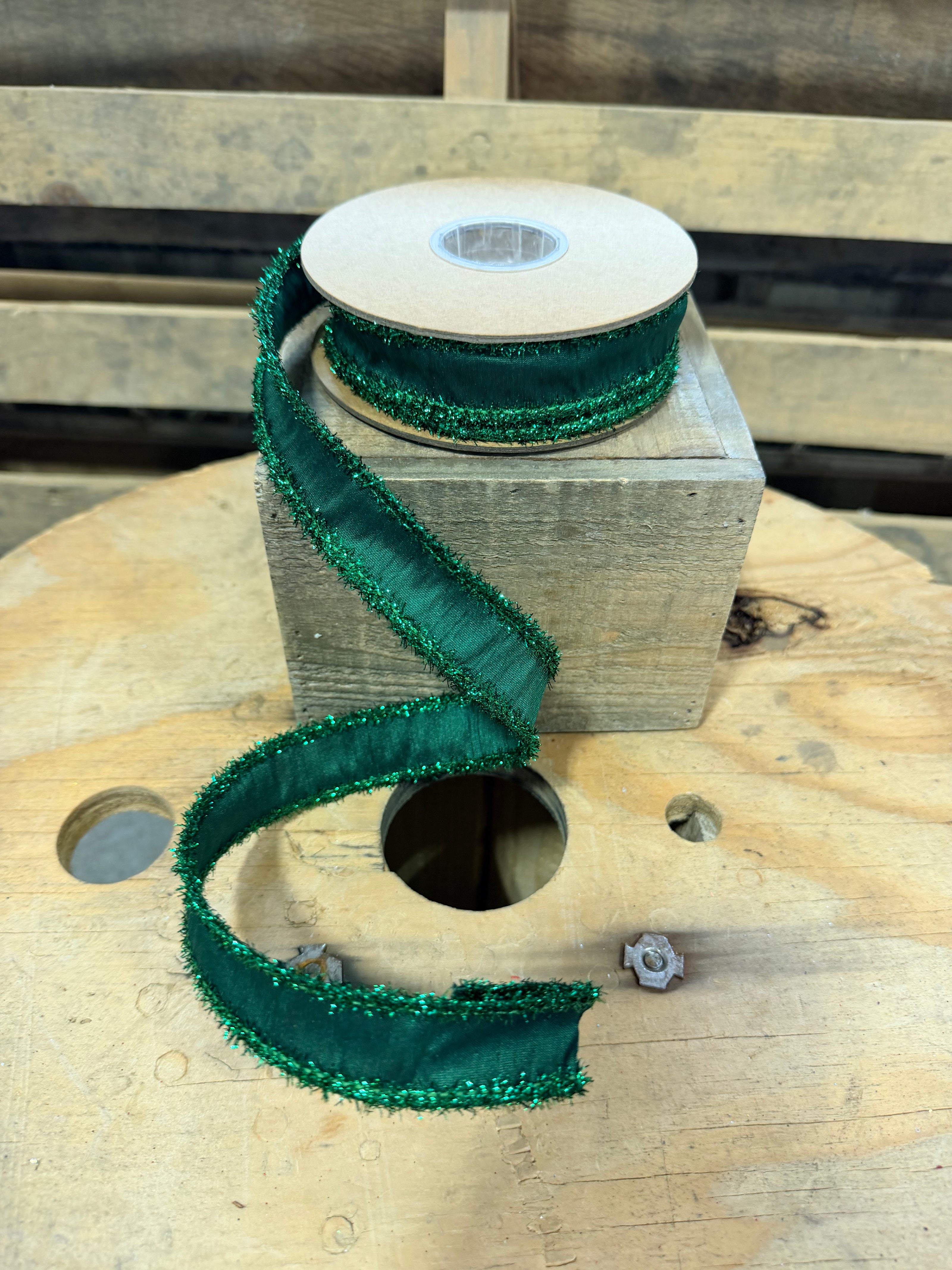 1” x 10yd Dupioni Ribbon | Dark Green w/ Dark Green Tinsel Edging Wired Ribbon - 9121W-587-25E