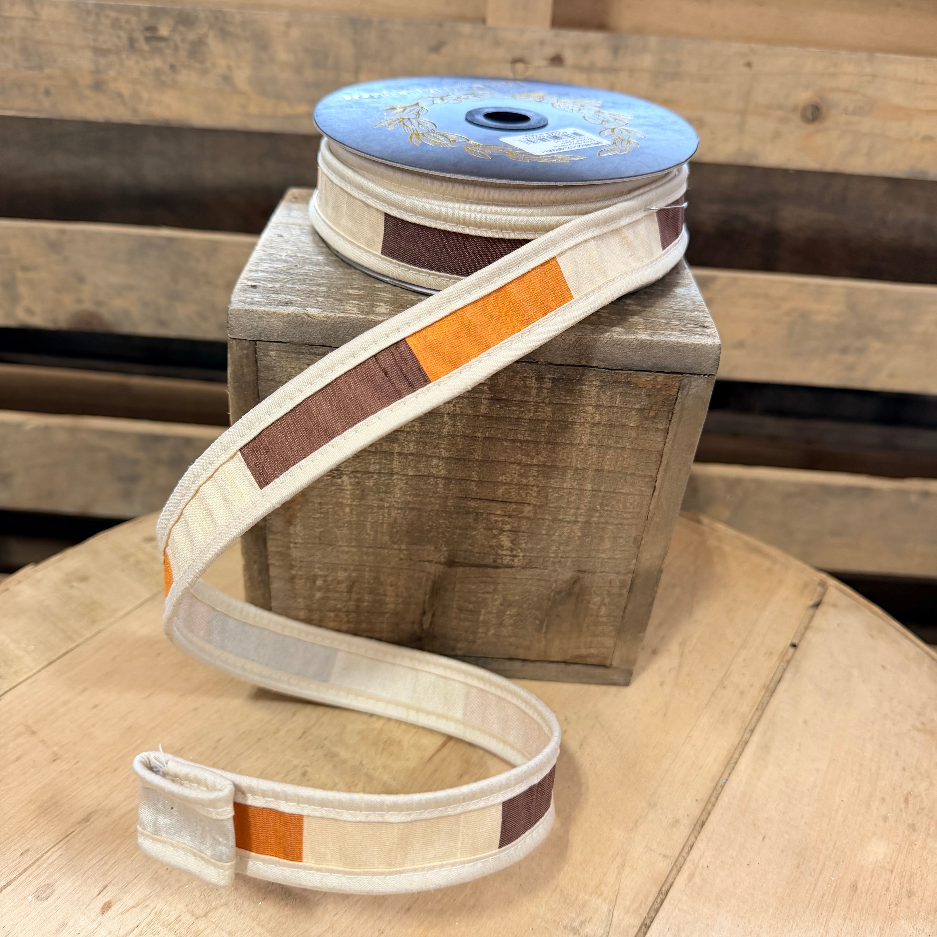 1” by 10y Fall block stripe wired ribbon - John Mark - JME-WN25-022-BRWN-1