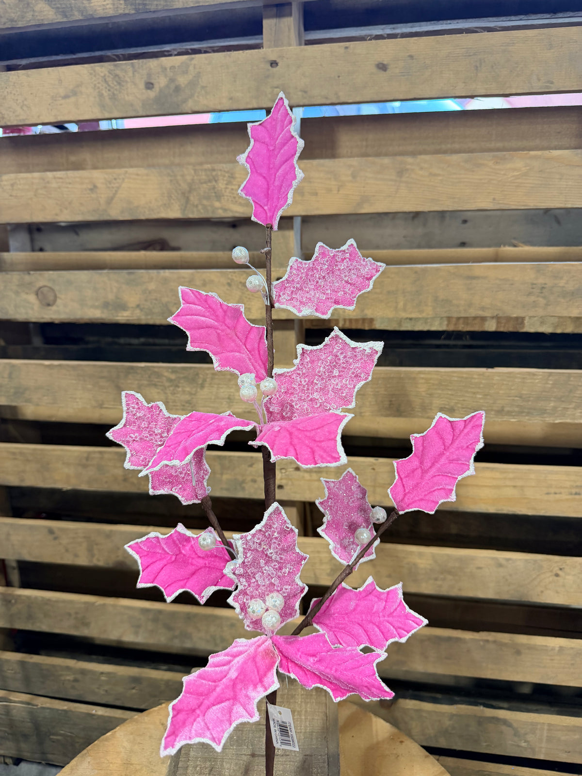 27” Pink velvet holly leaf pick  - XS098322