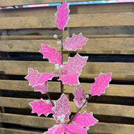 27” Pink velvet holly leaf pick  - XS098322