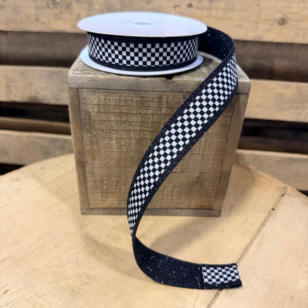 1" x 10Y Black glitter backed checkered Wired Ribbon - D56614-10-21