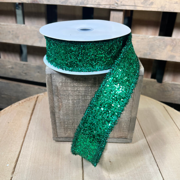 1.5" x 10Y Emerald green glitter Wired Ribbon - RG887206