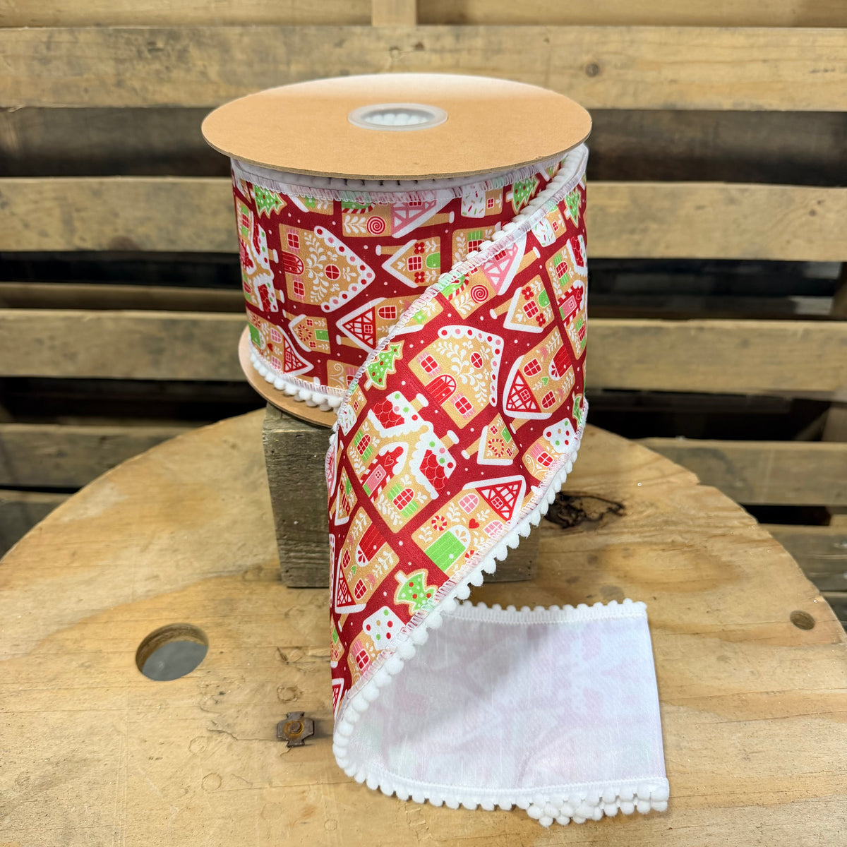 4" by 10Y Dupioni Ribbon | Gingerbread Houses on Red w/ White Backing wired ribbon - 9725W-250-100E