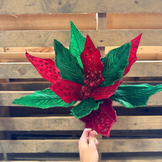 14"D Velvet Sequin Poinsettia Stem  - 86078RDGN