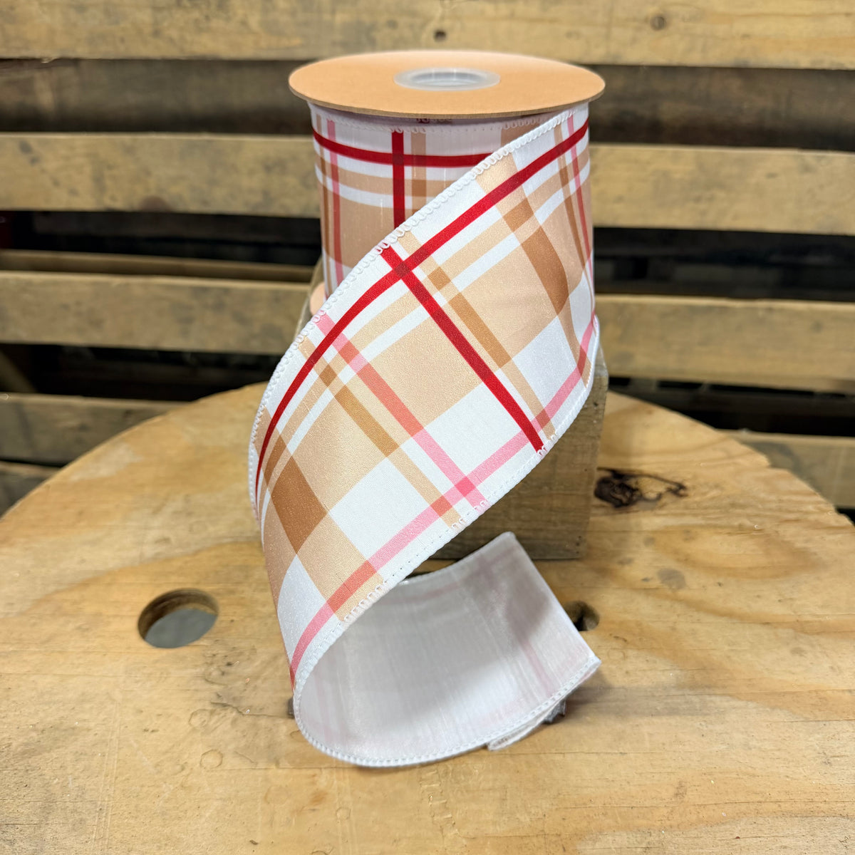 4" by 10Y Gingerbread Plaid w/ White Backing wired ribbon - 9728W-743-100E