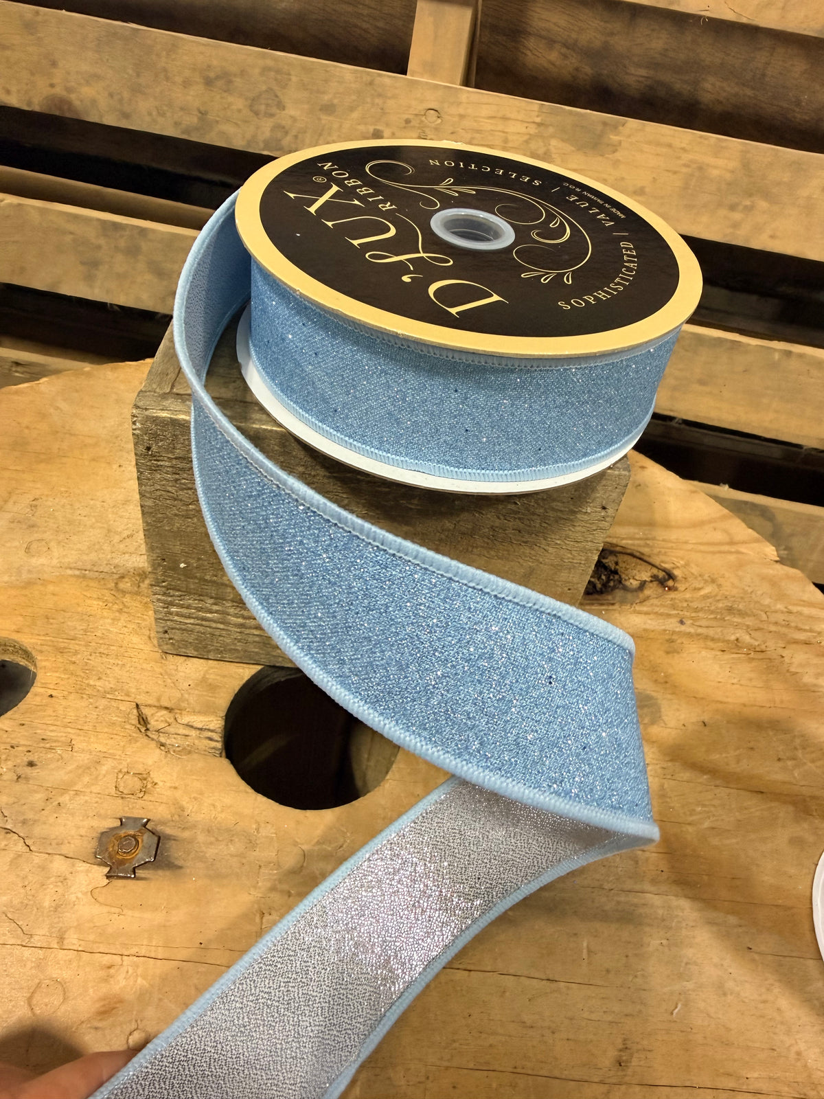 1.5” x 10yd Blue glitter with silver double sided Wired Ribbon - LX3026Y7
