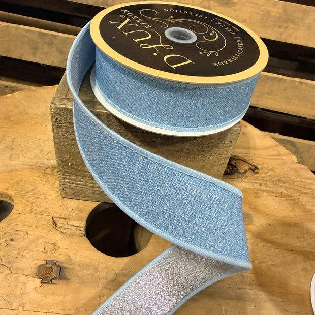 1.5” x 10yd Blue glitter with silver double sided Wired Ribbon - LX3026Y7