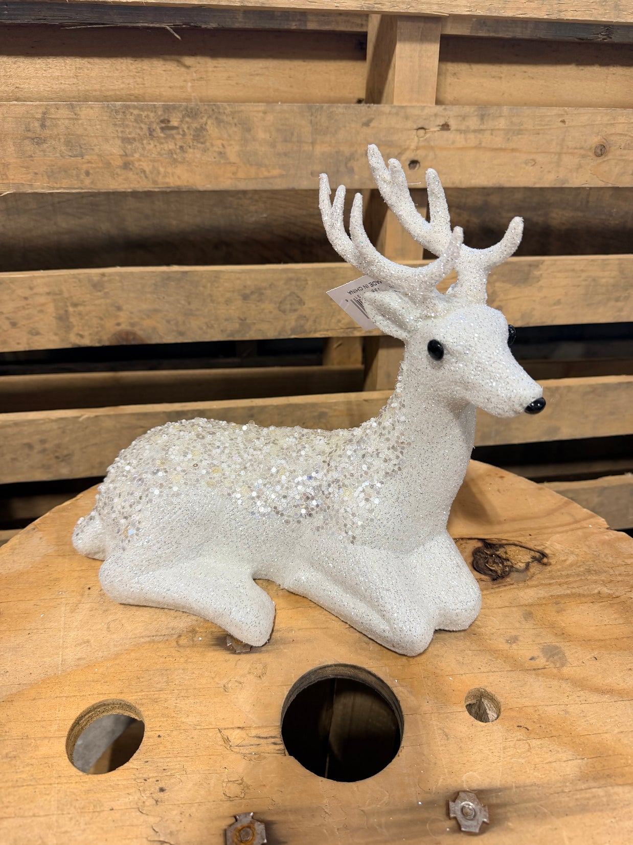 9.5” White Sequin Laying Deer   - XF130027