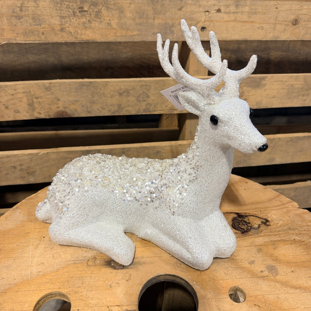 9.5” White Sequin Laying Deer   - XF130027