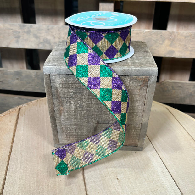 1.5" x 10y glitter diamond Mardi Gras  Wired Ribbon - RGE190032