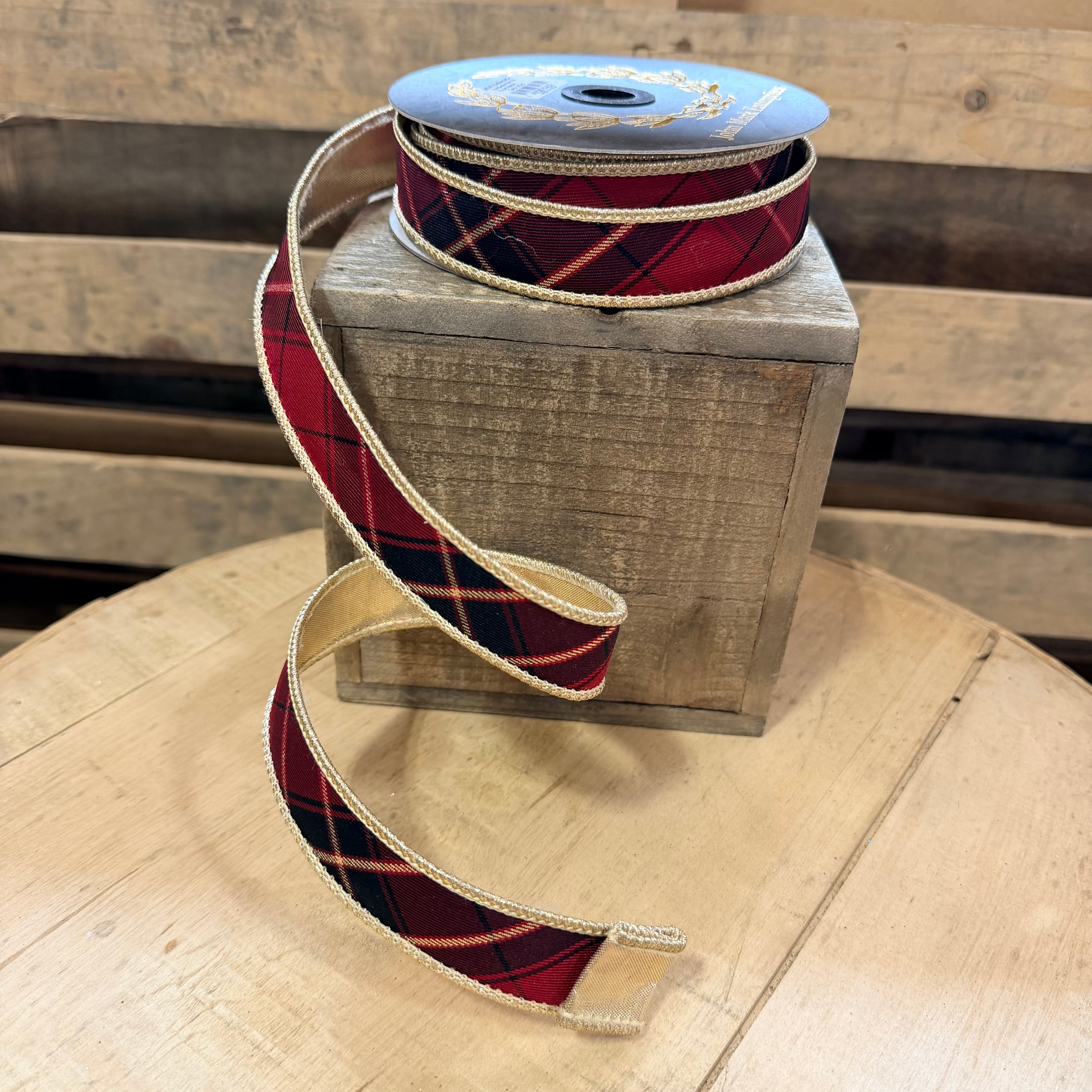 1” by 10y Burgundy Plaid wired ribbon - John Mark - JME-WN25-099-BURG-1