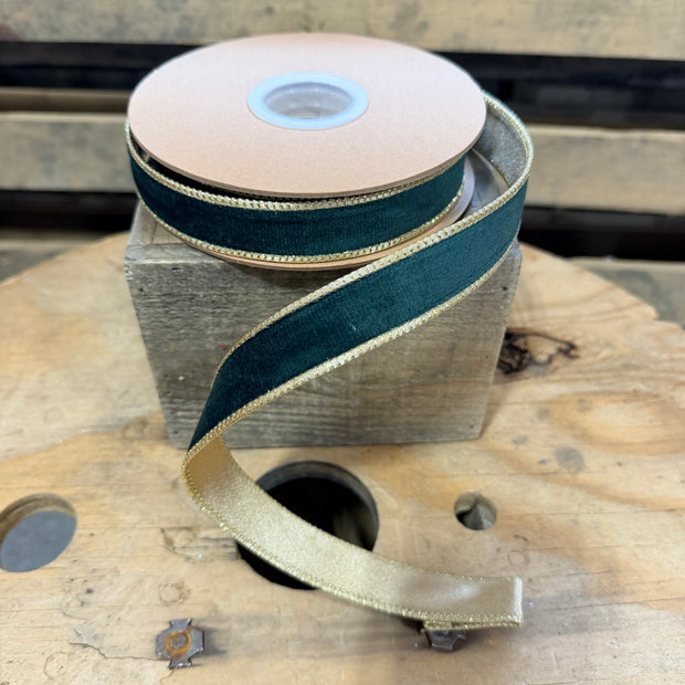 1" by 10Y Reversible Classic Velvet Wired Ribbon | Christmas Green/Gold wired ribbon - 7115W-589-25E