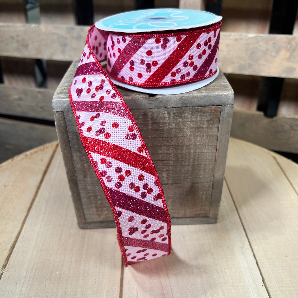 1.5" x 10Y Valentines Stripes and dots   Wired Ribbon - RGH100015
