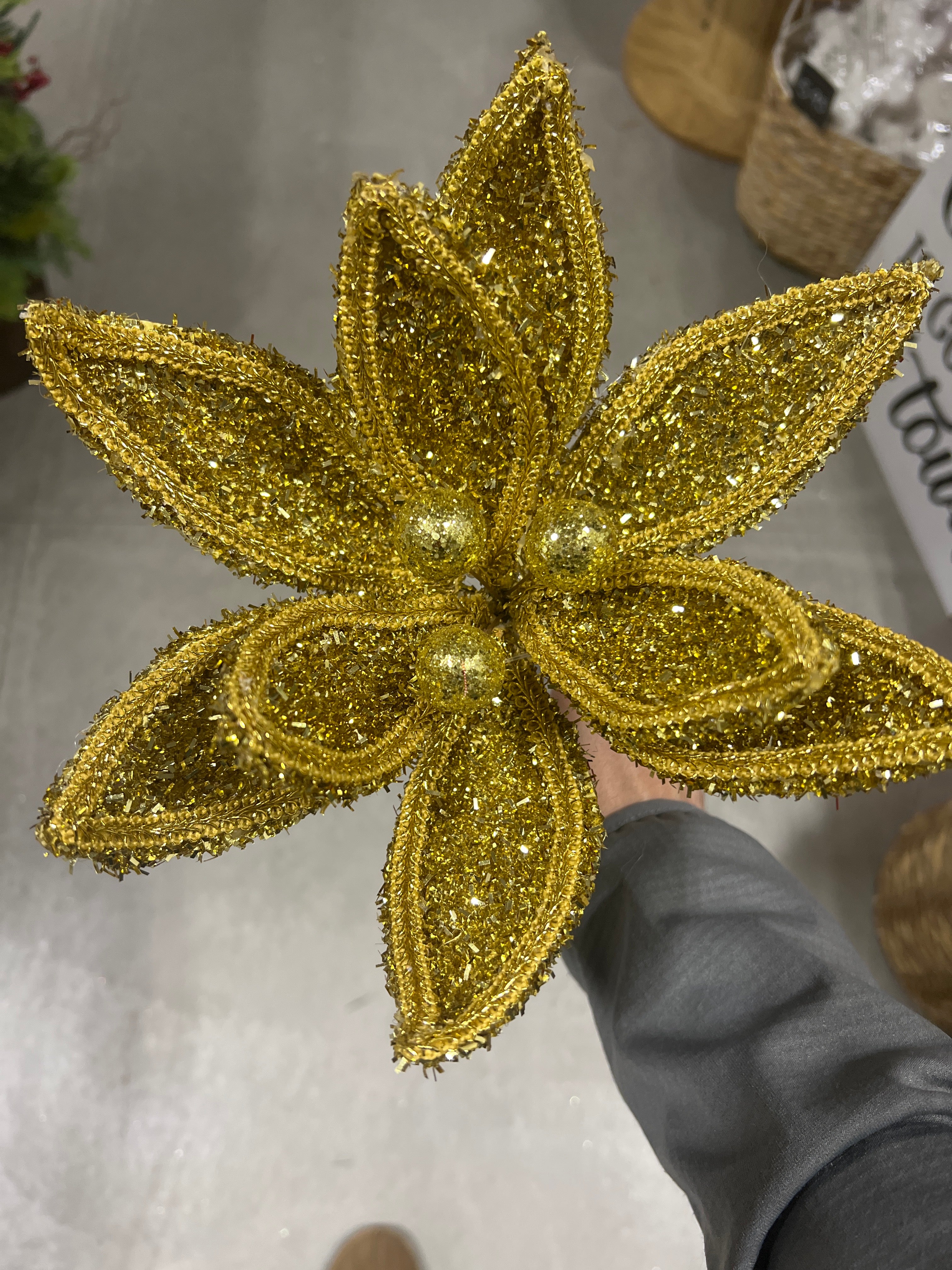 14” gold glitter poinsettia pick  - XS418208