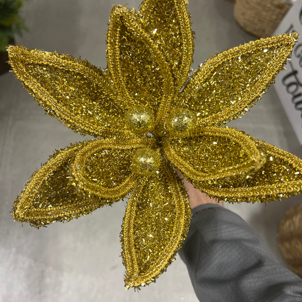 14” gold glitter poinsettia pick  - XS418208