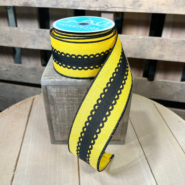 2.5" x 10Y yellow and black lace   Wired Ribbon - RG0810557