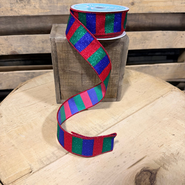 1.5 ” x 10yd  Nutcracker glitter stripe  Wired Ribbon - RGF1618J5