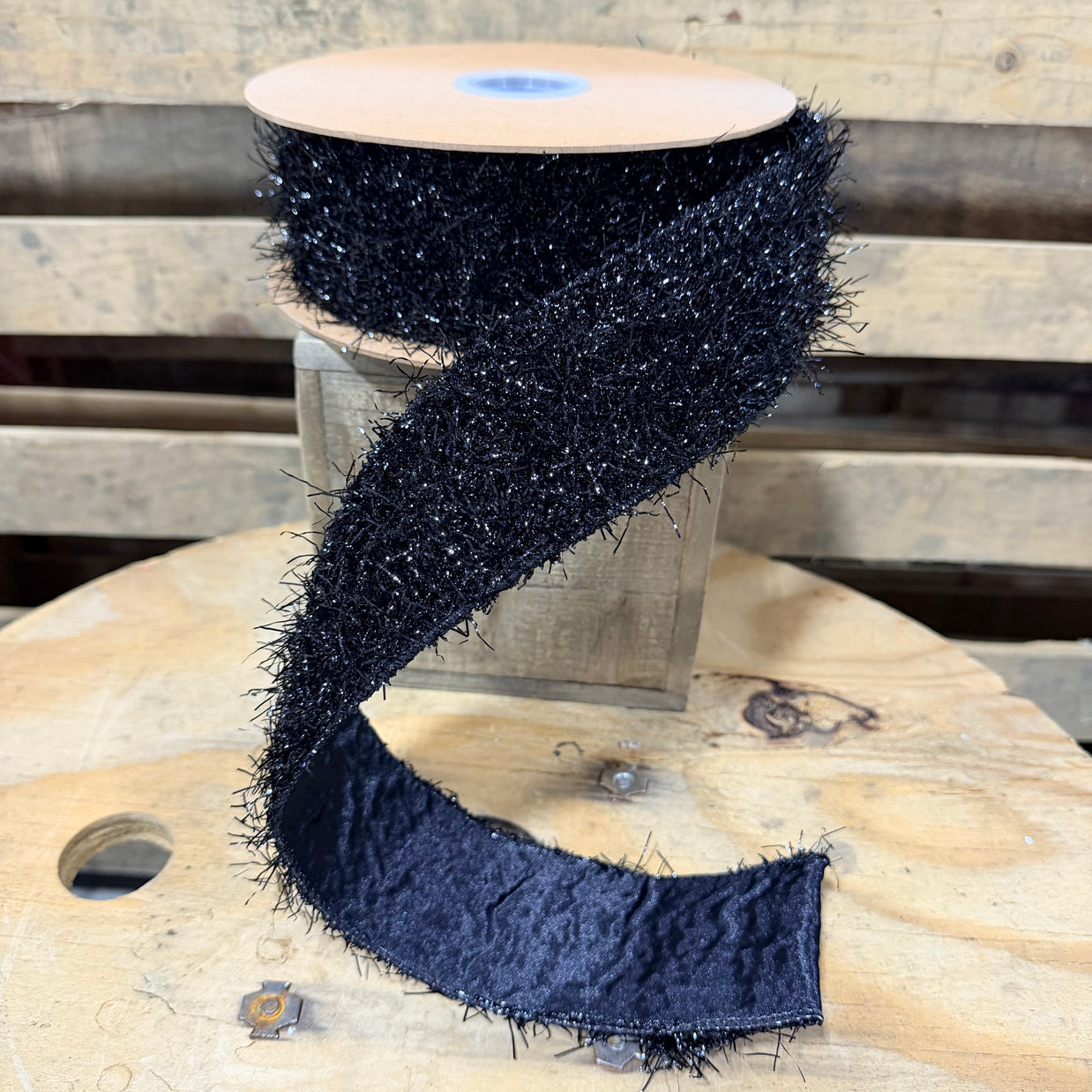 2.5” x  10yd Black Sparkle Fur Wired Ribbon - 9817W-030-63E
