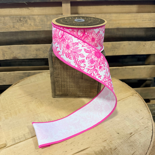 2.5" x 10Y Pink Chinoiserie Floral Double sided Designer Wired Ribbon - LX330227