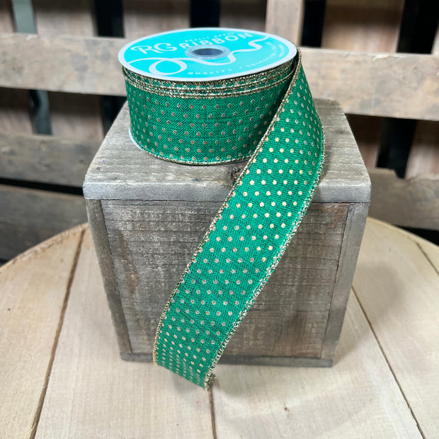 1.5" x 10Y green and gold swiss dot Wired Ribbon - RG0190706
