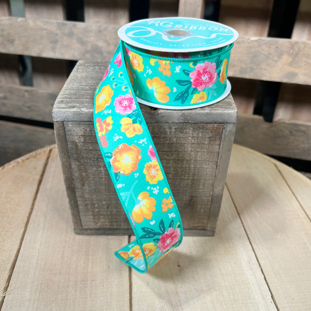 1.5" x 10y teal floral  Wired Ribbon - RGE1755AN