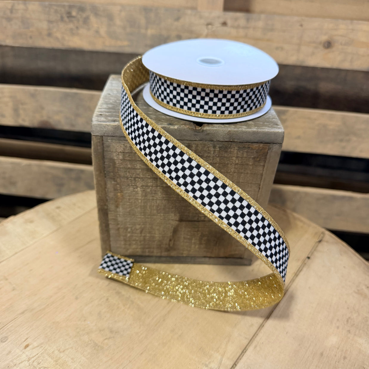1" x 10Y Gold glitter backed checkered Wired Ribbon - D56614-10-15