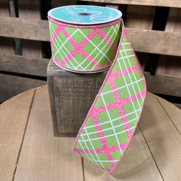 2.5" x 10Y diagonal glitter plaid  Wired Ribbon - RGH1108H2