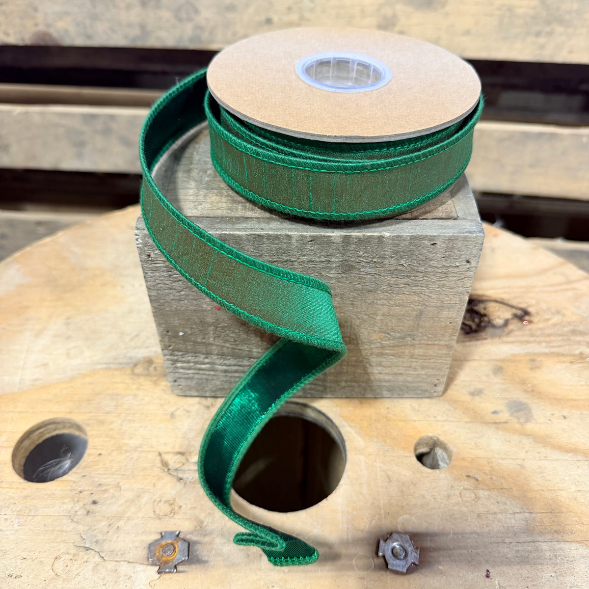 1" X 10YD Dupioni Ribbon | Green w/ Metallic Fused Backing wired Ribbon - 9122W-587- 25E
