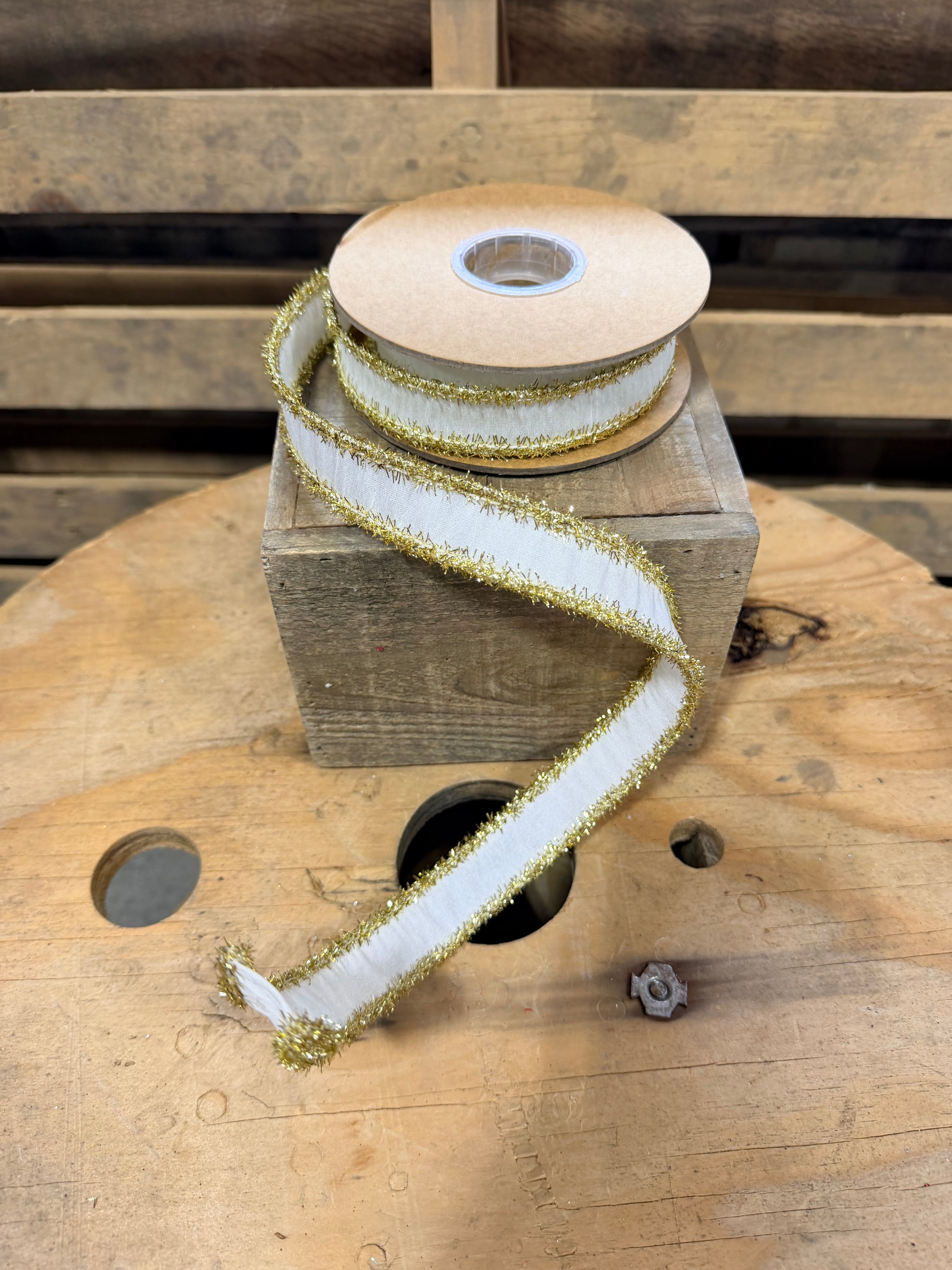 1” x 10yd Dupioni Ribbon | Ivory w/ Gold Tinsel Edging Wired Ribbon - 9121W-810-25E
