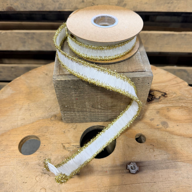 1” x 10yd Dupioni Ribbon | Ivory w/ Gold Tinsel Edging Wired Ribbon - 9121W-810-25E