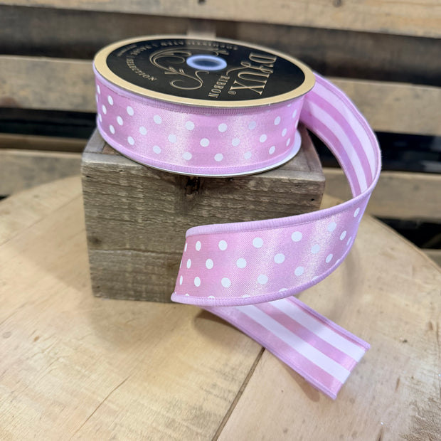 1.5” x 10yd Light Pink striped and dots double sided Wired Ribbon - LX305522