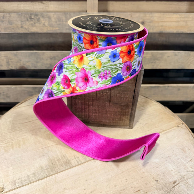 2.5" x 10Y Bright Floral  Double sided Designer Wired Ribbon -  LX1226RT