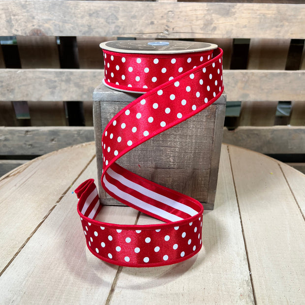 1.5” x 10yd  red striped and dots double sided Wired Ribbon - LX305824