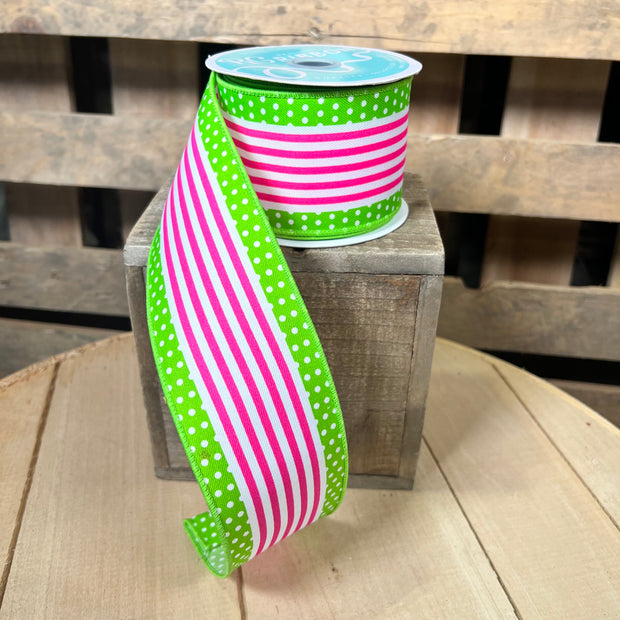 2.5" x 10y pink and lime Stripe and dot Wired Ribbon - RGF1301AW