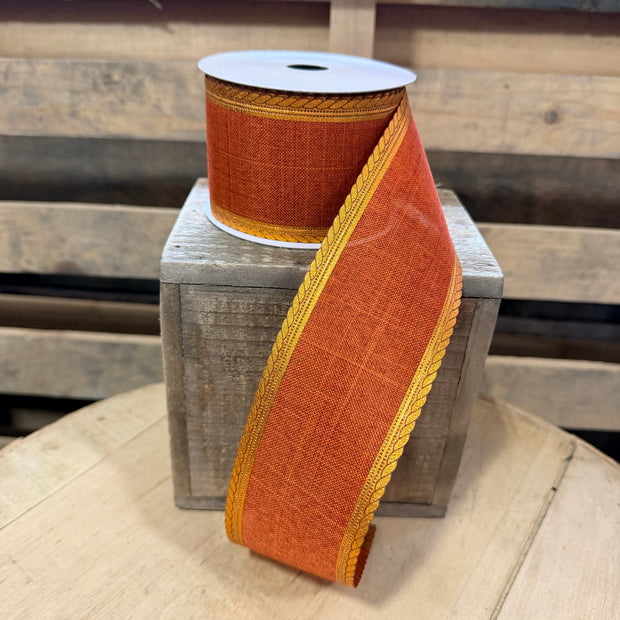 2.5"X10YD Rust linen with orange scalloped edge wired ribbon -  65438-40-31