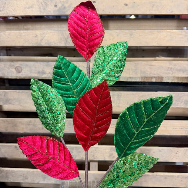 27" Velvet Sequin Leaf Spray  - 86079RDGN