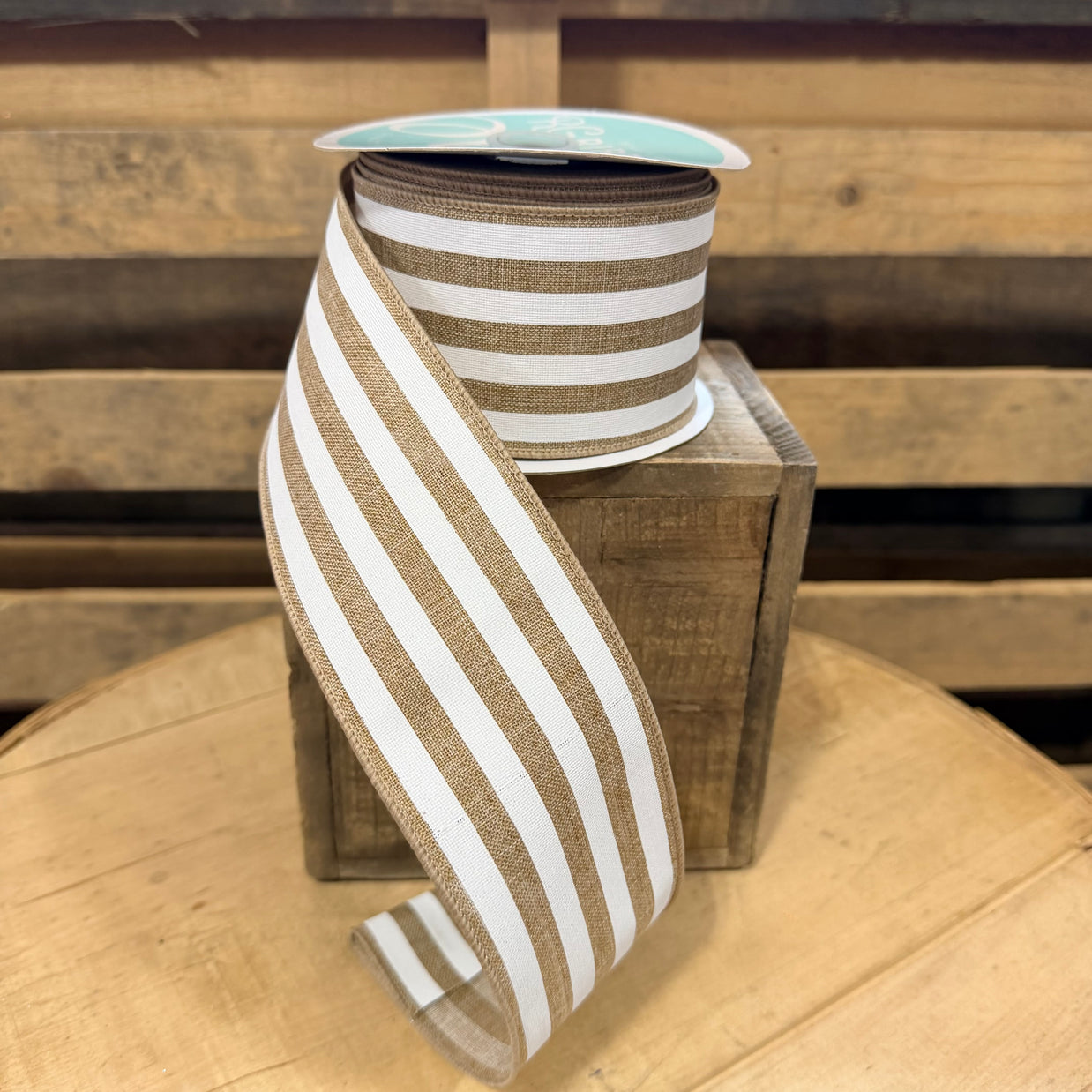 2.5" x 10Y Tan Cabana Stripe Wired Ribbon - RGC156301