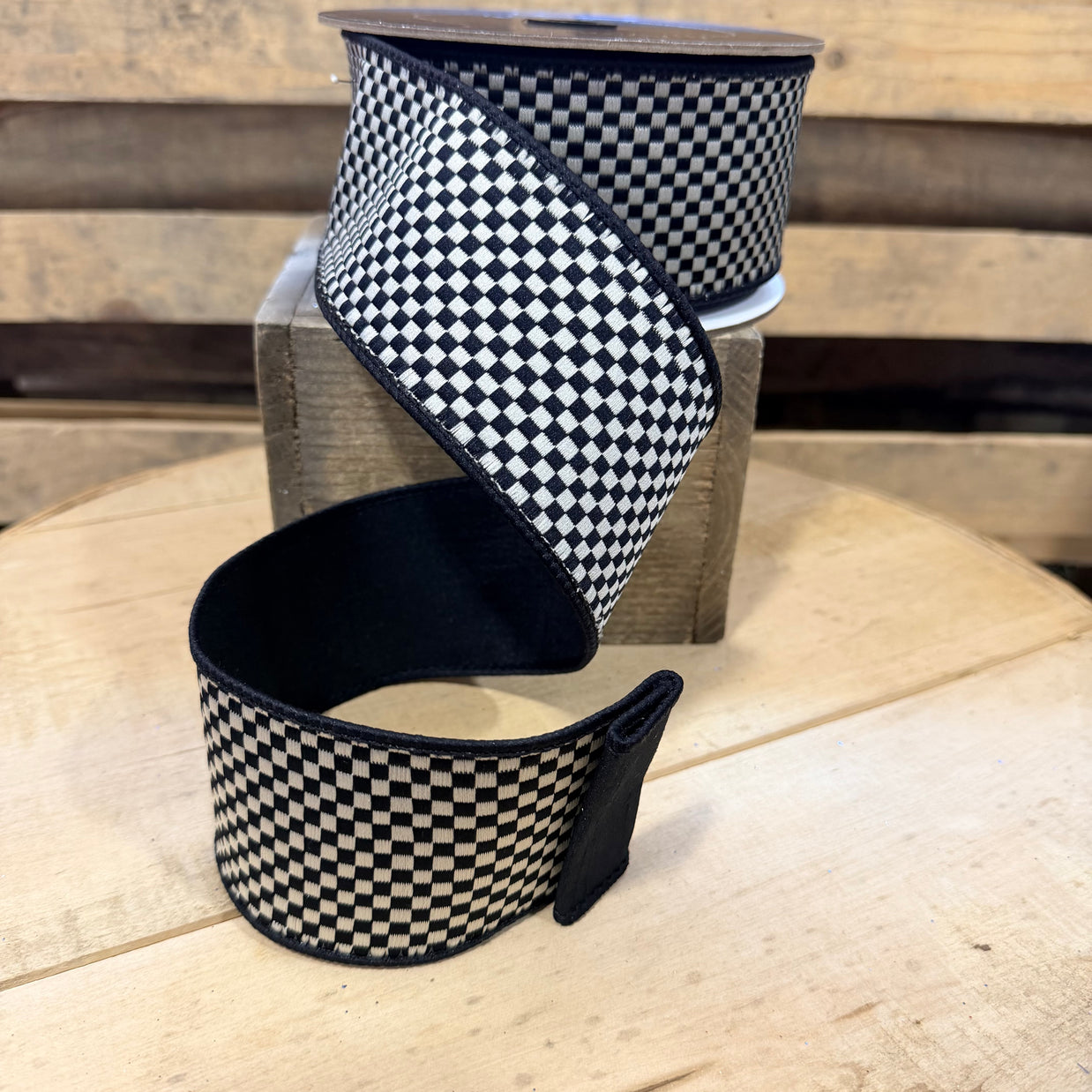 2.5” x  10yd black and white  farrasilk Wired Ribbon - RK849-90