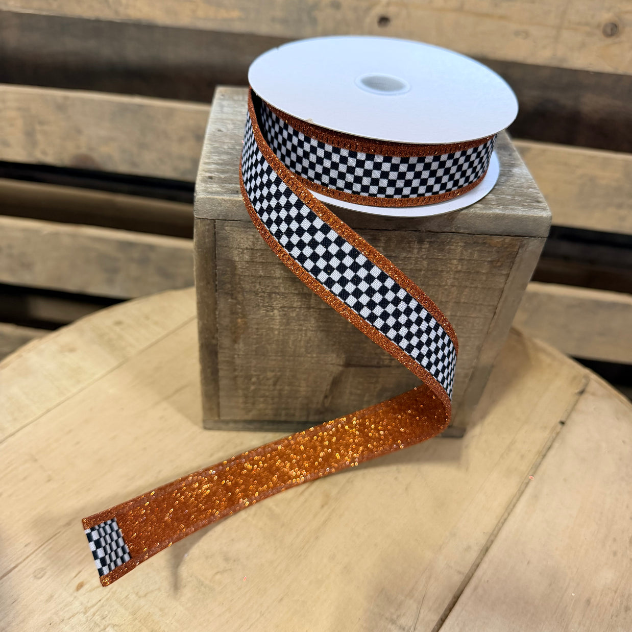 1" x 10Y Orange glitter backed checkered Wired Ribbon - D56614-10-19