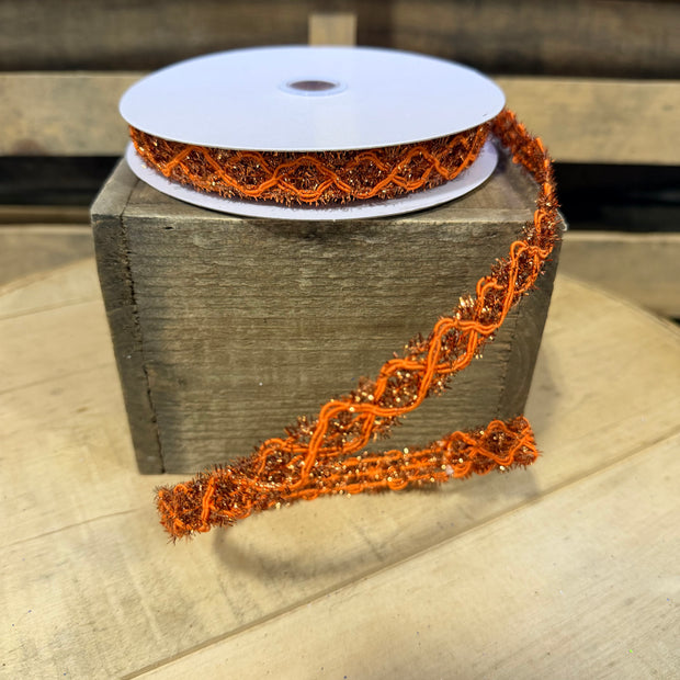 5/8” x 10Y Orange tinsel open weave Wired Ribbon - RN592020