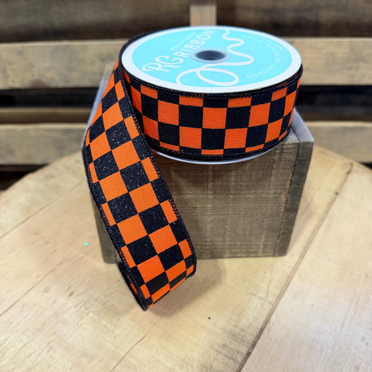1.5"X10Y Orange and black check  Wired Ribbon - RGH1059P2